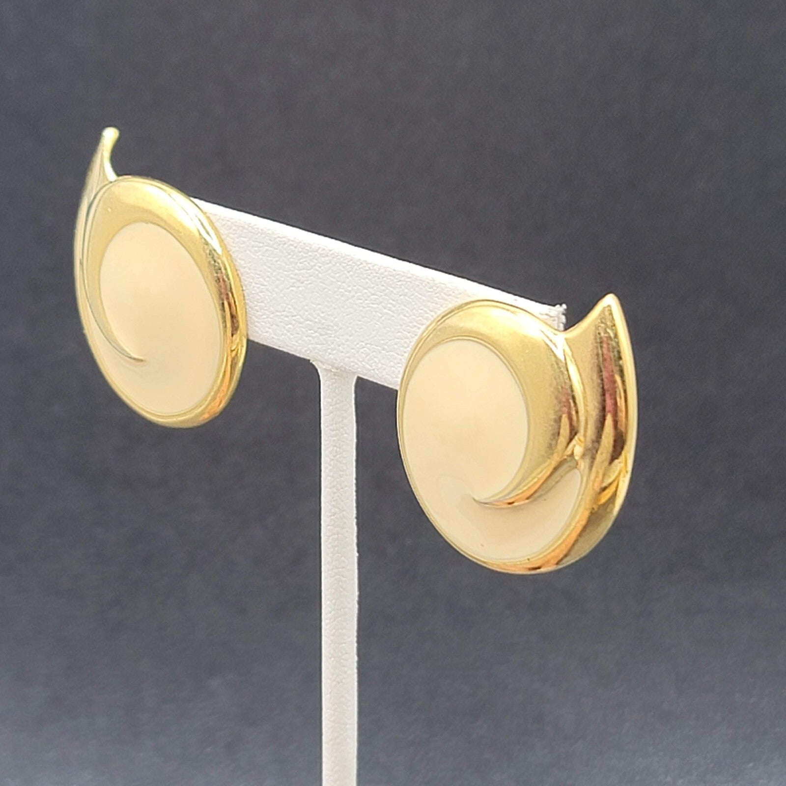 Vintage MONET Clip on Earrings Gold Plated White Enamel Drop 1 3/8"