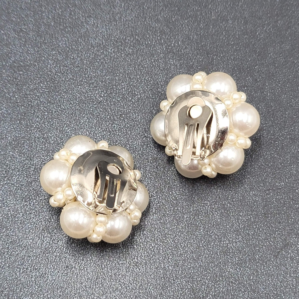 Vintage Clip on Earrings Gold tone Faux Pearl Cluster Flower 1 1/8" Lightweight
