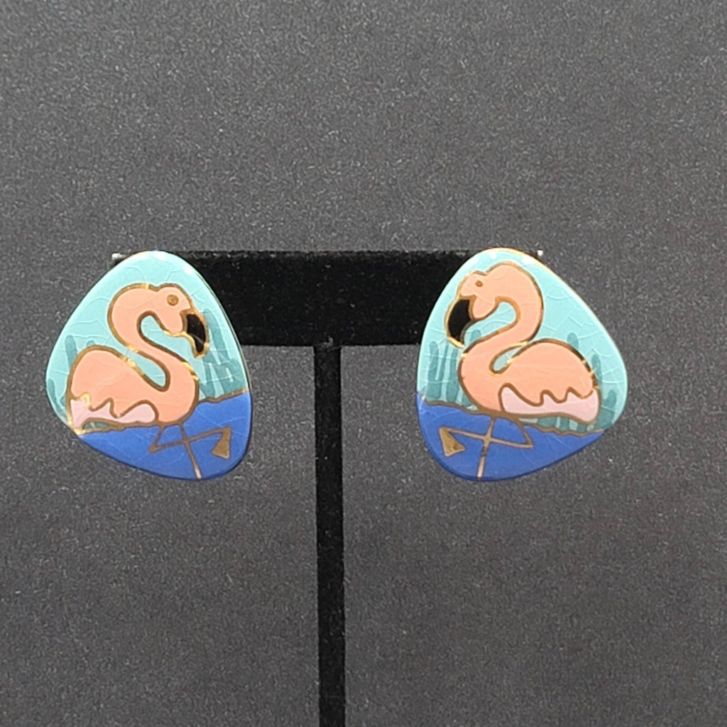 Vintage Flamingo Pierced Earrings Ceramic Hand Painted Drop 1.5"