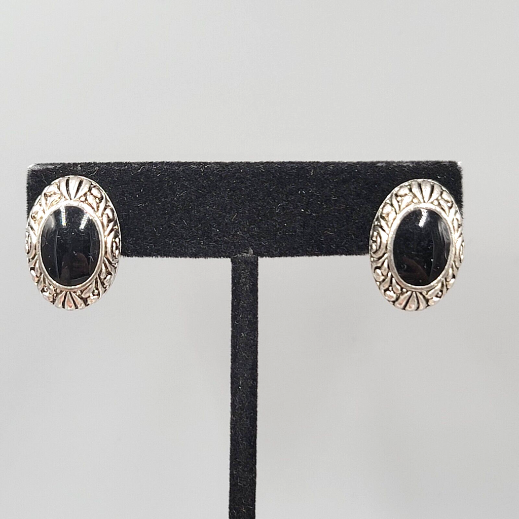 Pierced Earrings Silver tone Embossed Black Enamel Oval Drop 3/4"