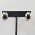 Pierced Earrings Silver tone Embossed Black Enamel Oval Drop 3/4"