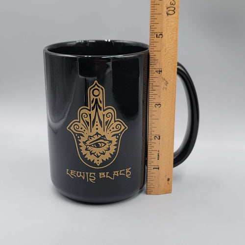 Comedian Lewis Black Coffee Mug Black Gold Hamsa Eye Cup