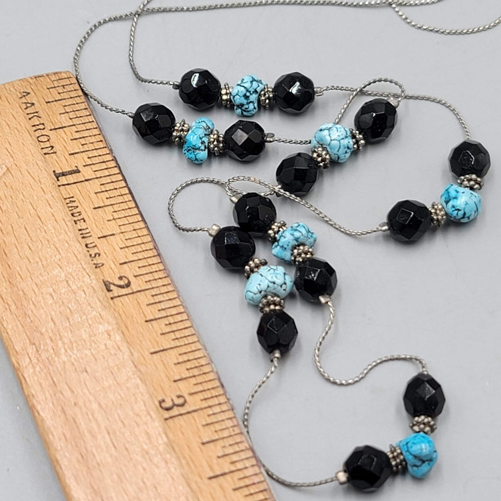 Black Bead Blue Stone Long Station Necklace Silver tone 30 in