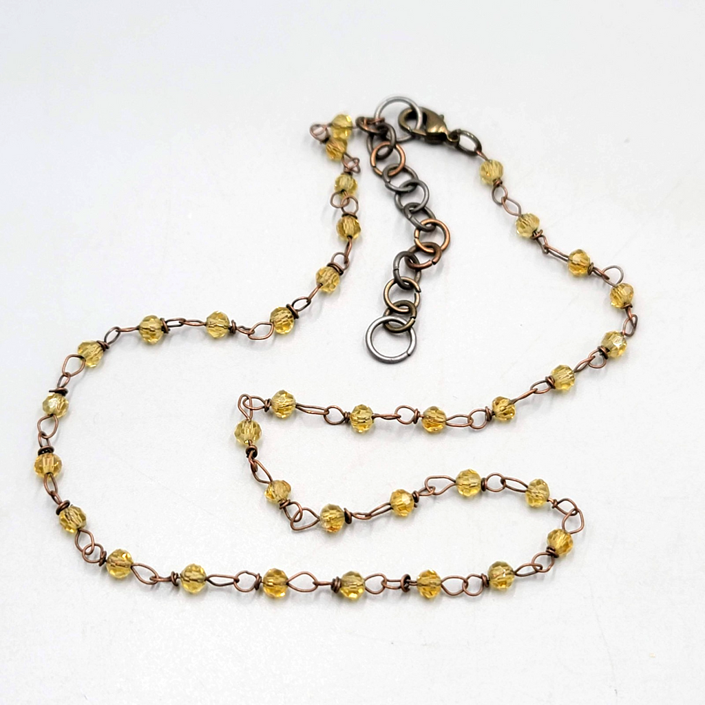 Dainty Bronze tone Chain Necklace Yellow Beads 16"