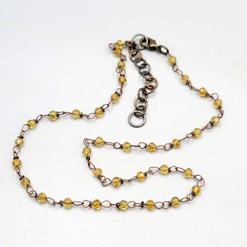 Dainty Bronze tone Chain Necklace Yellow Beads 16"