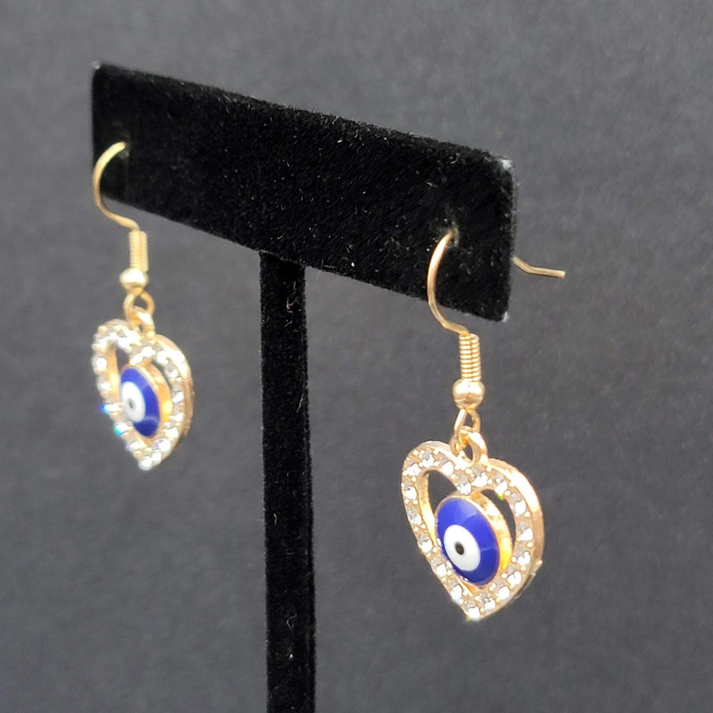 Pierced Earrings Gold tone Enamel Evil Eye Rhinestone Heart Dangle 3/4"