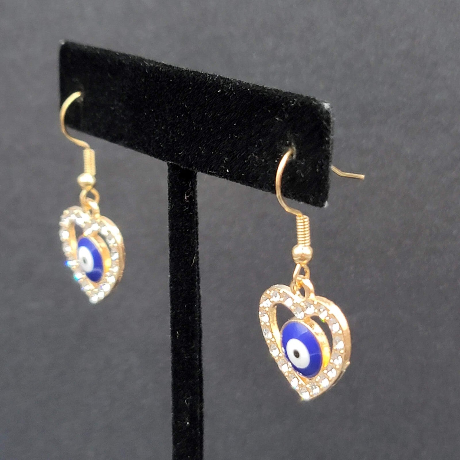 Pierced Earrings Gold tone Enamel Evil Eye Rhinestone Heart Dangle 3/4"