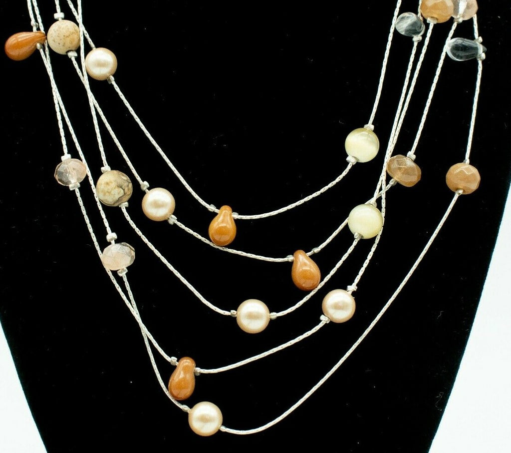 Liz Claiborne LC Necklace Multi Strand Cats Eye Agate Pearl Beads 16" - 18"