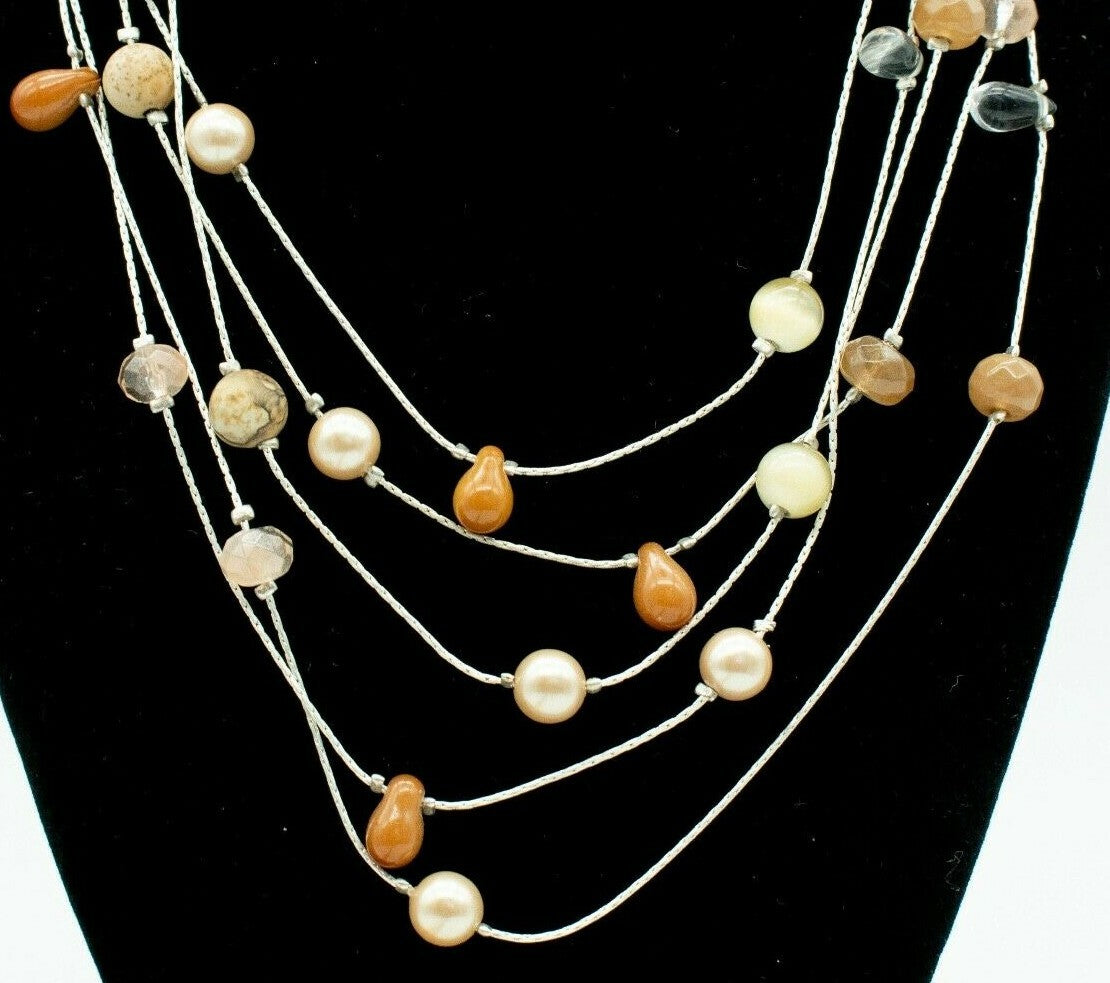 Liz Claiborne LC Necklace Multi Strand Cats Eye Agate Pearl Beads 16" - 18"
