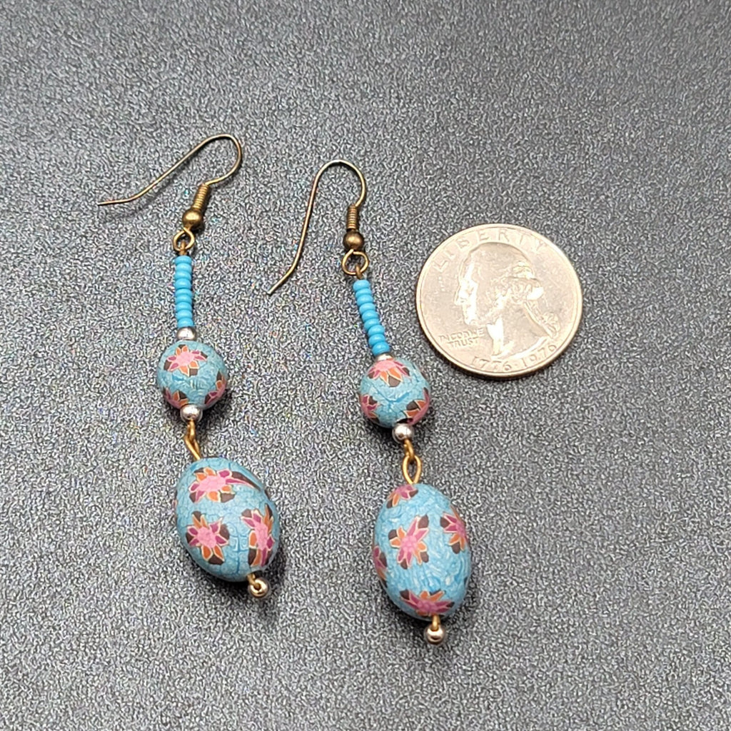 Vintage Pierced Earrings Gold tone Blue Flower Bead Long Dangle 2.25"