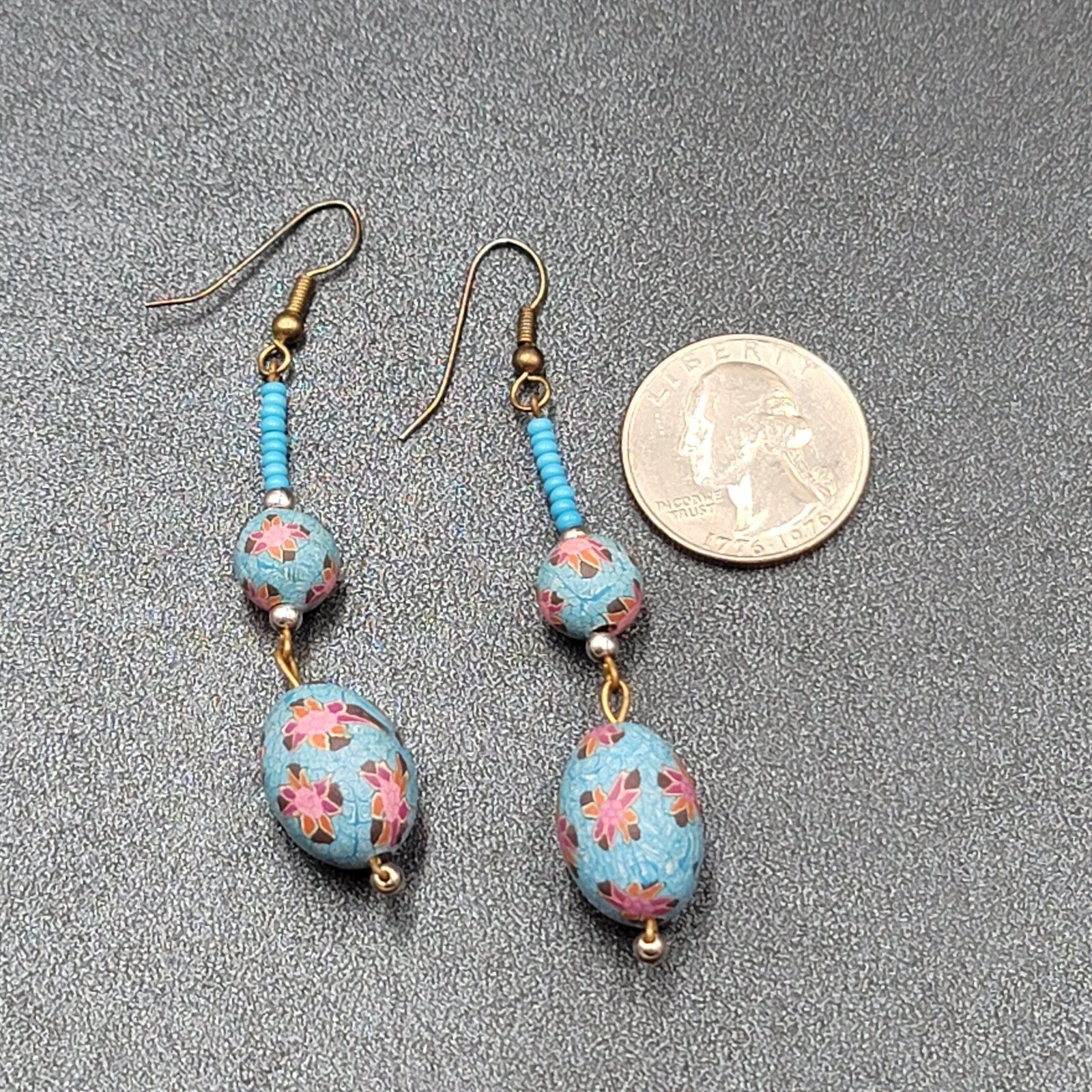 Vintage Pierced Earrings Gold tone Blue Flower Bead Long Dangle 2.25"