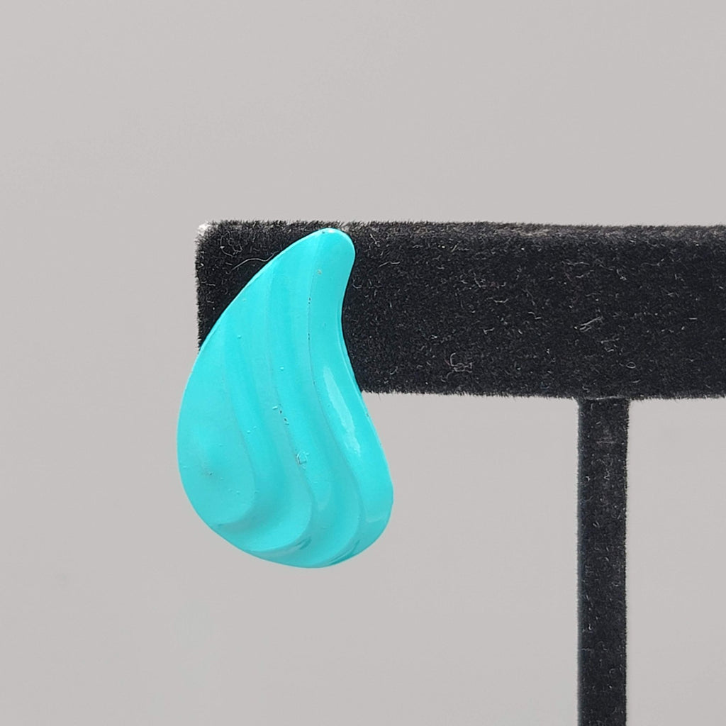 Vintage Teal Blue Enamel Pierced Earrings Wavy Tear Drop 1 1/8 in