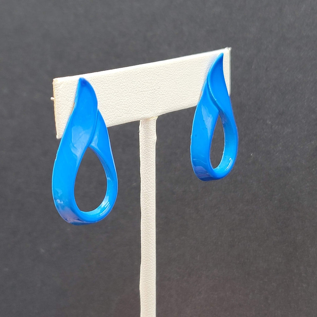 Vintage Pierced Earrings Blue Enamel over Metal Open Teardrop 1 3/8"