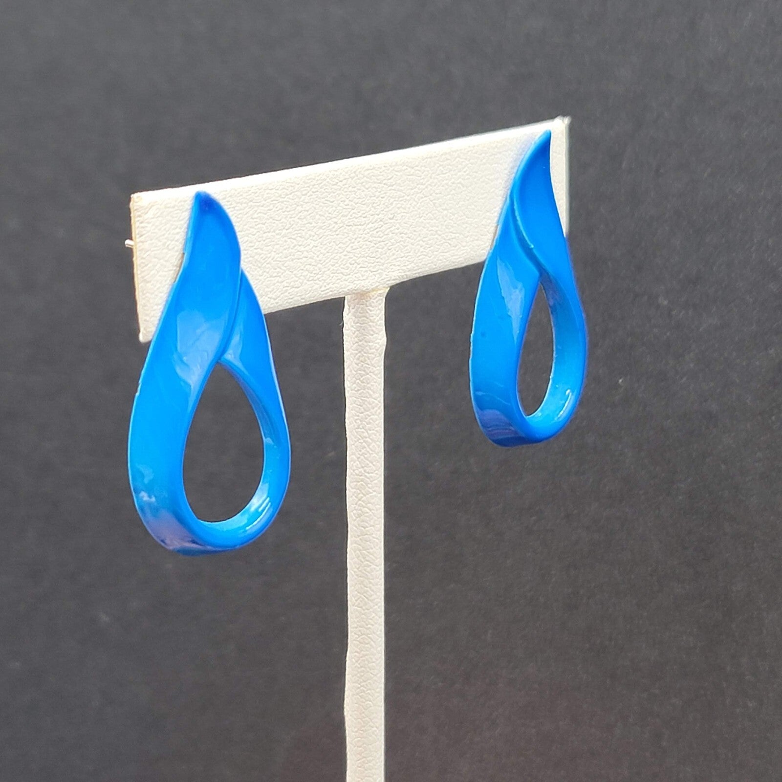 Vintage Pierced Earrings Blue Enamel over Metal Open Teardrop 1 3/8"