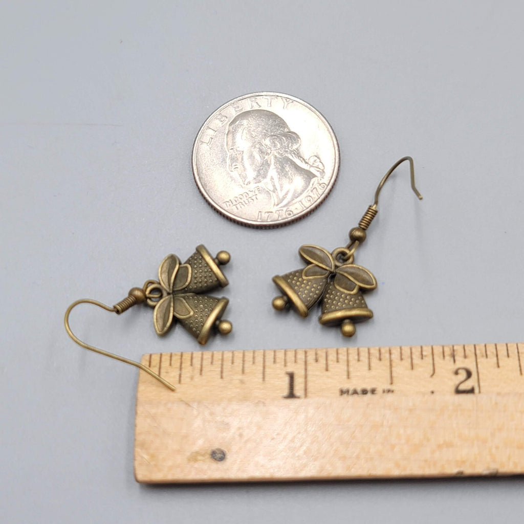 Bronze tone Pierced Earrings  Embossed Bells Holiday Celebration 1/2"