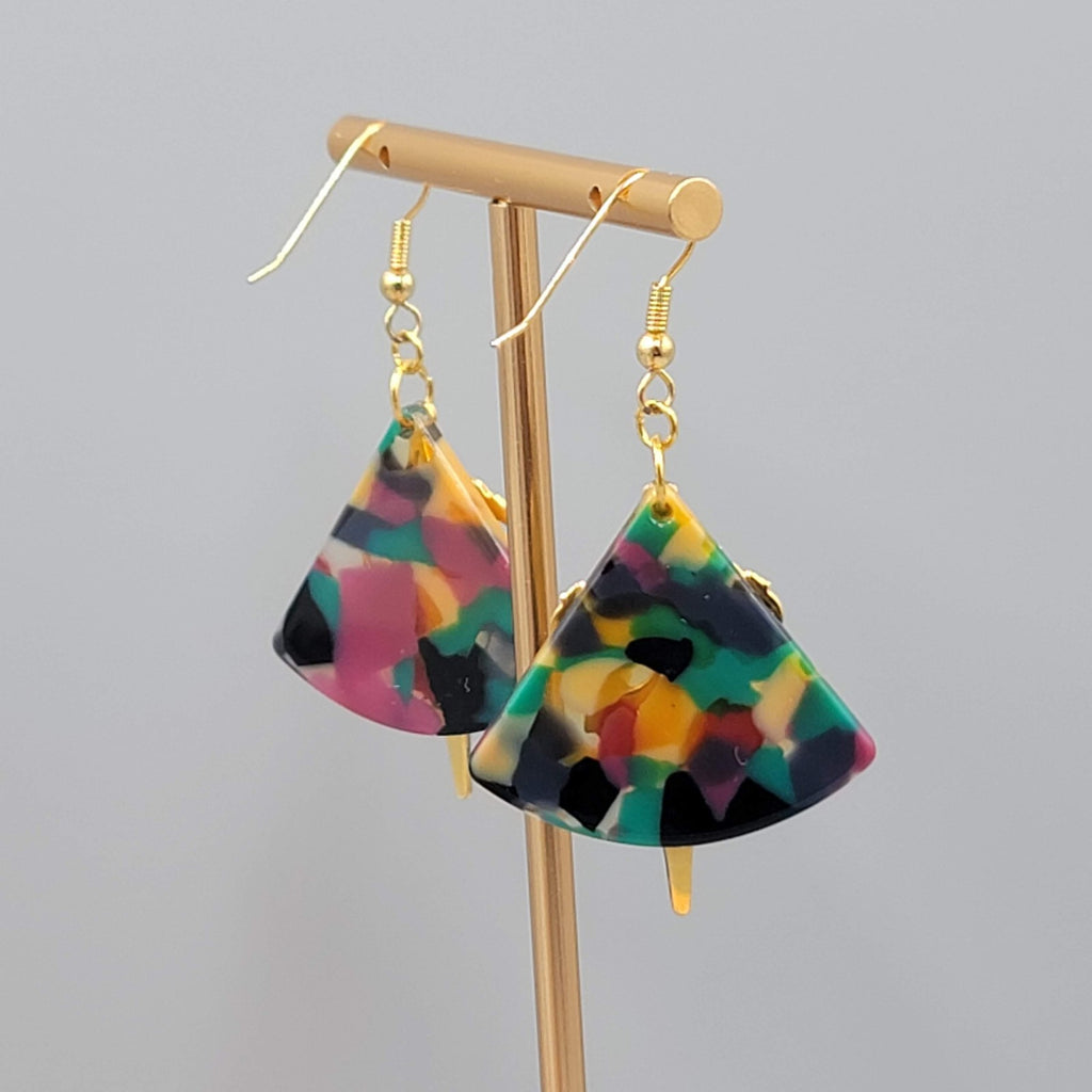 Pierced Earrings Gold tone Dangle Multicolor Acrylic 1.5"