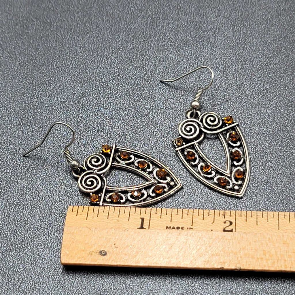 Pierced Earrings Silver tone Orange Rhinestone Dangle 1 3/8"