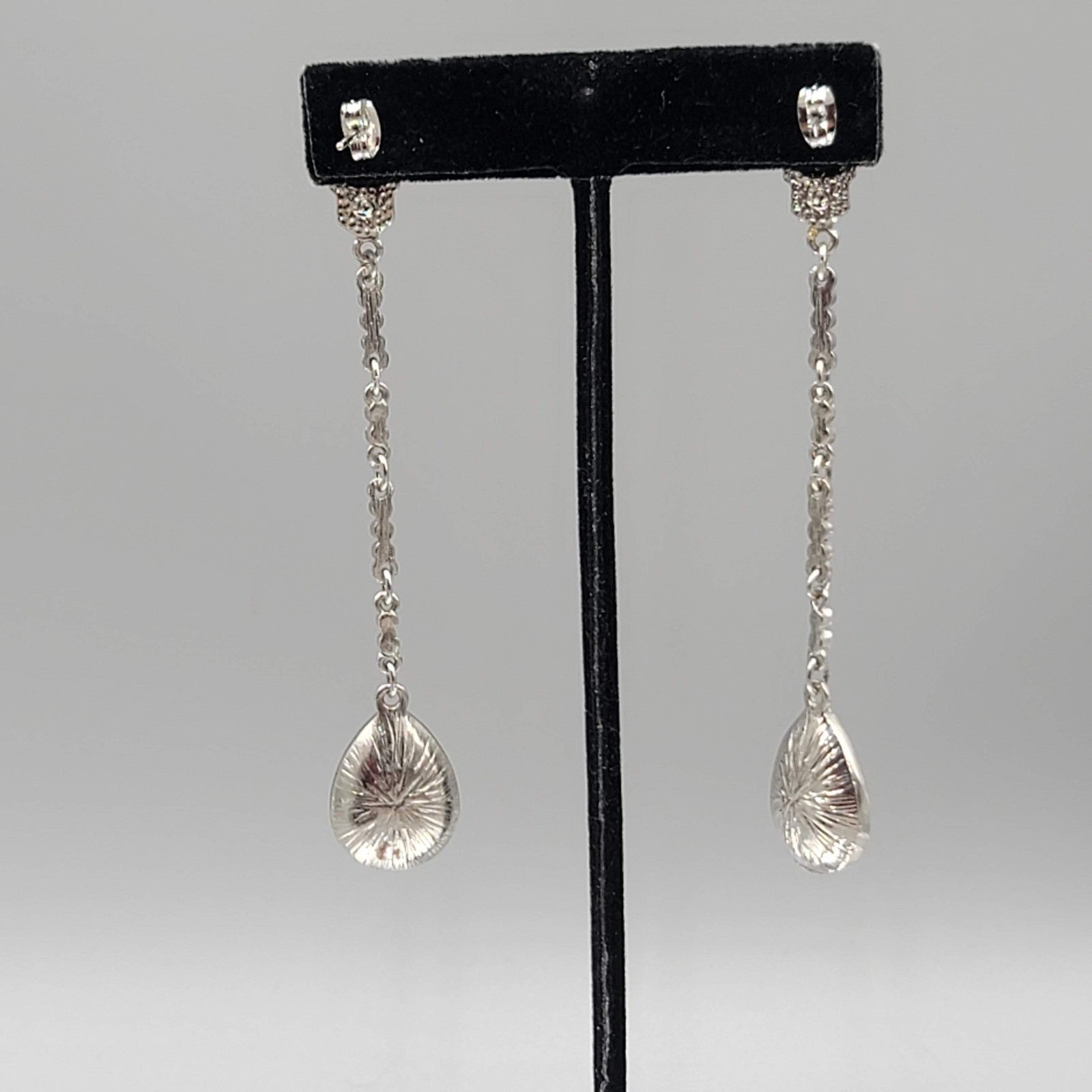 Long Pierced Earrings Smokey Teardrop Rhinestone Silver tone Dangle  3.5 in