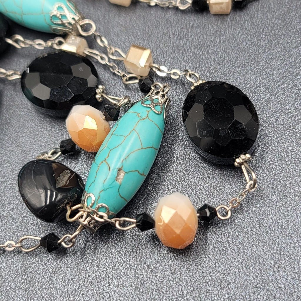 Blue Black White Stone Station Beaded Necklace Silver tone Layered  24"