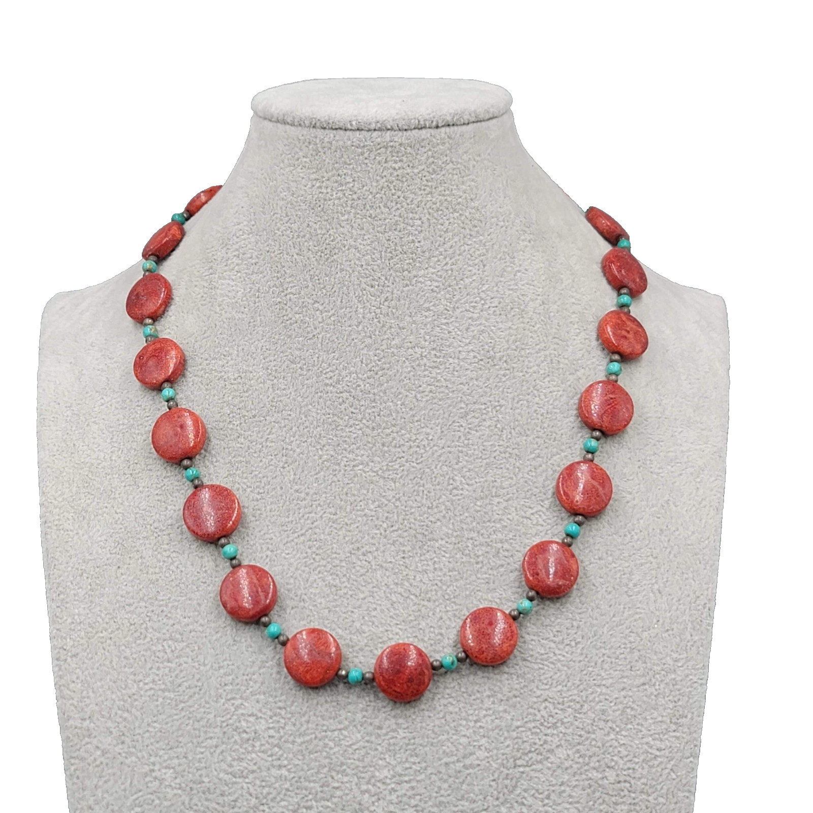 Vintage Coral and Turquoise Bead Necklace Silver tone Toggle 18 in