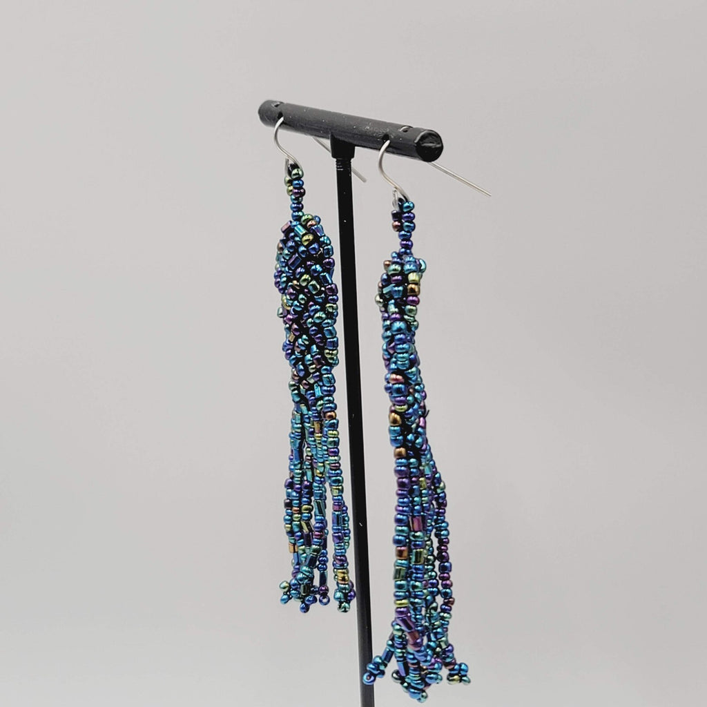 Pierced Earrings AB Black Seed Bead Long Dangle 3"