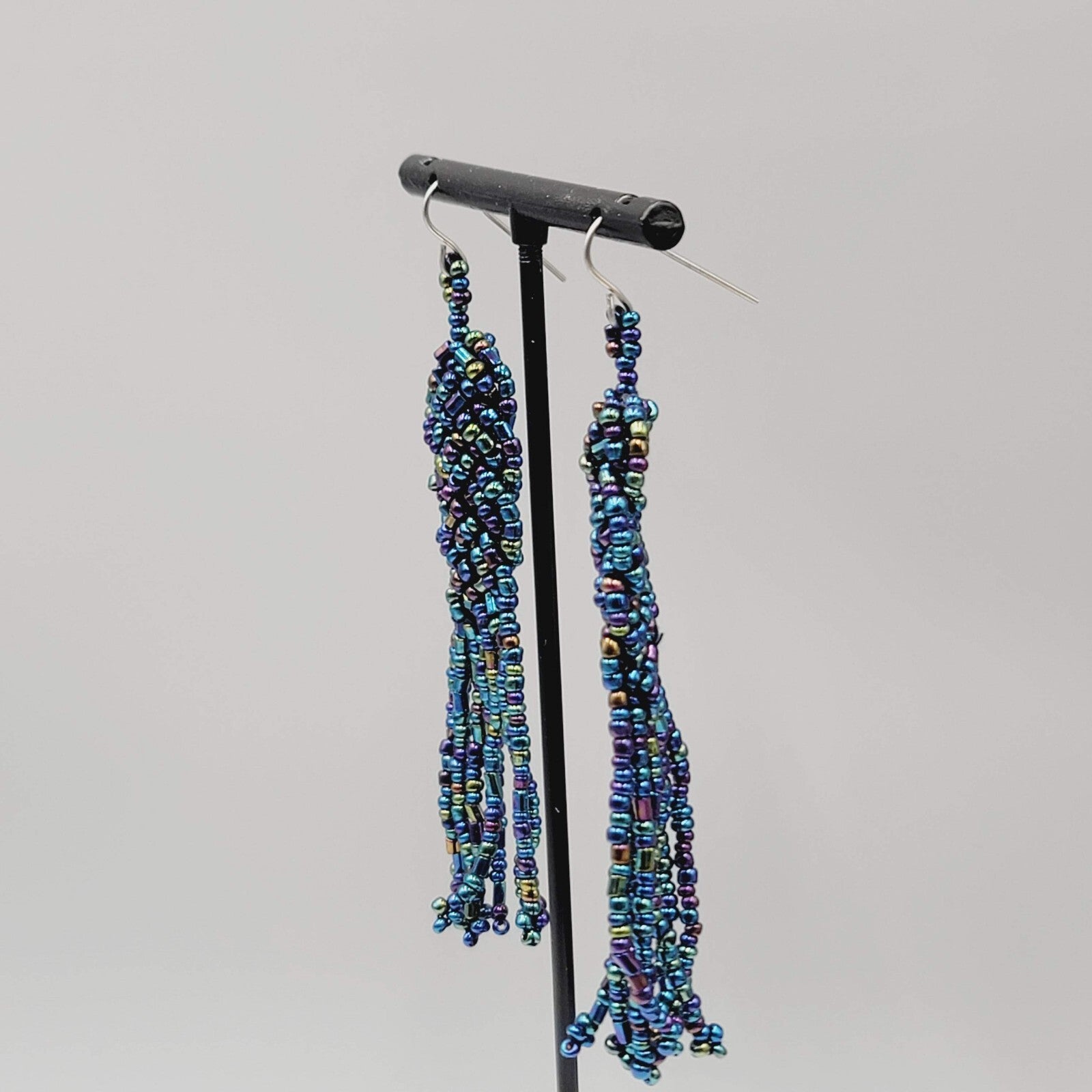 Pierced Earrings AB Black Seed Bead Long Dangle 3"