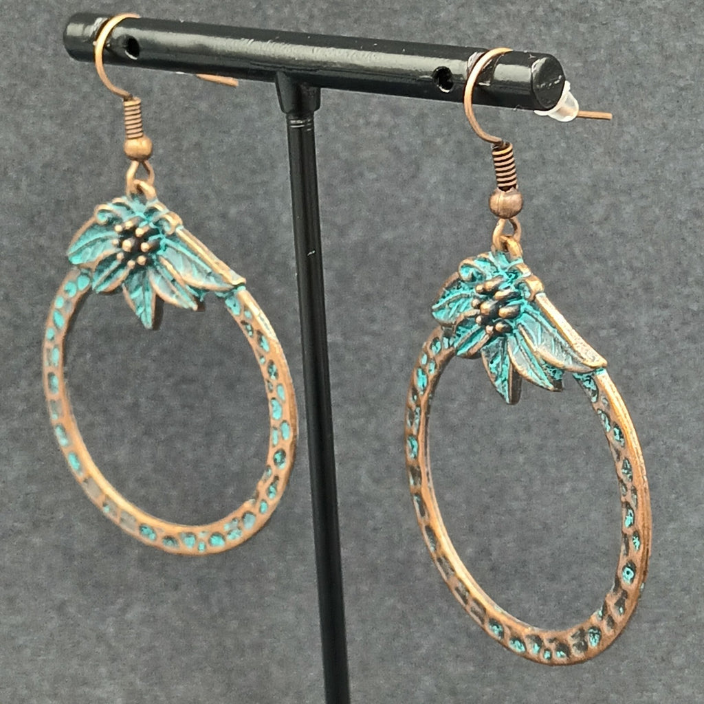 Pierced Earrings Copper tone Green Enamel Flower Open Disc Dangle Boho 1 5/8"