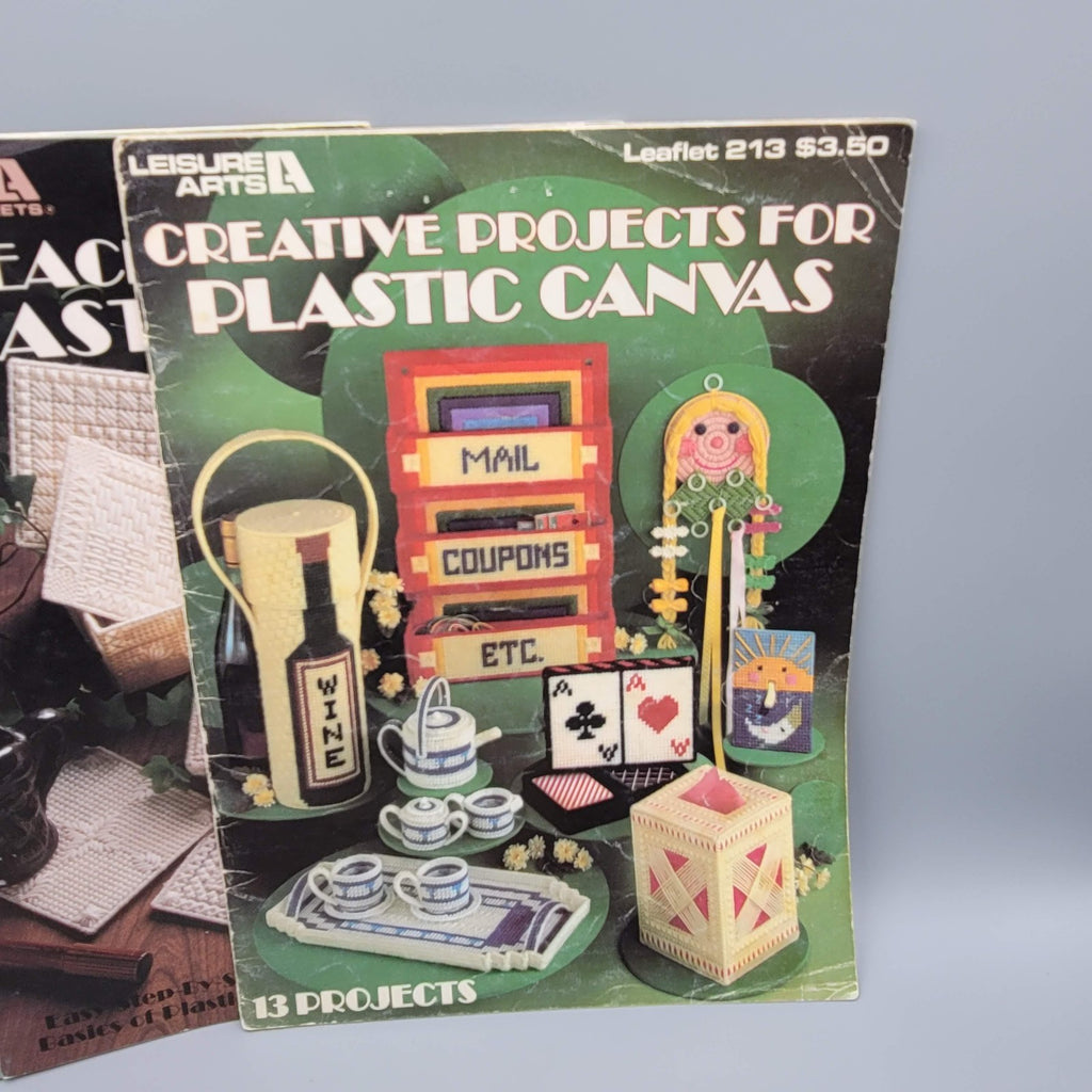 Vintage Plastic Canvas Pattern Book Lot Tissue Box Kitchen Basket Tote 80s Craft