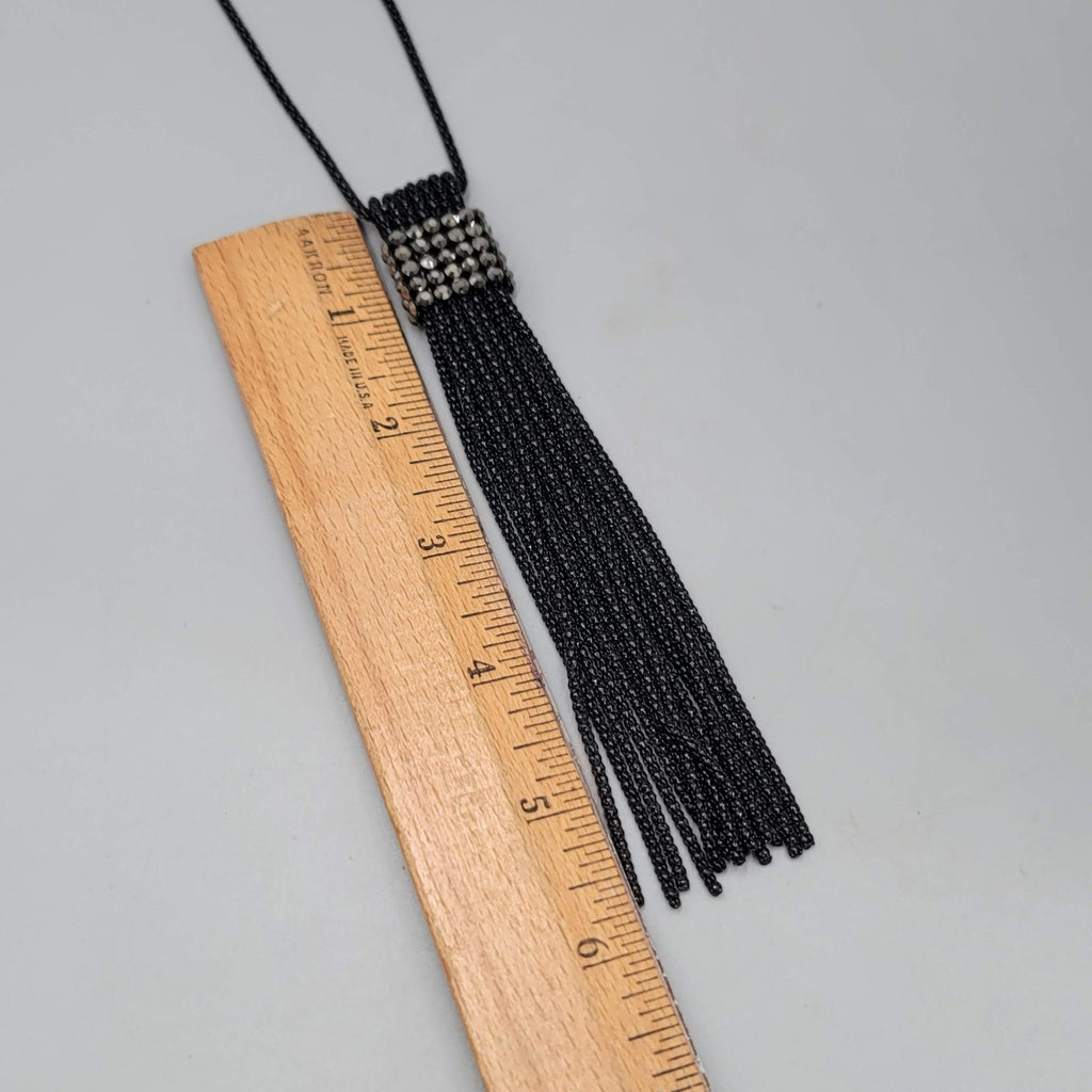 Black Metal Long Chain Tassel Necklace Black Rhinestones 26 in