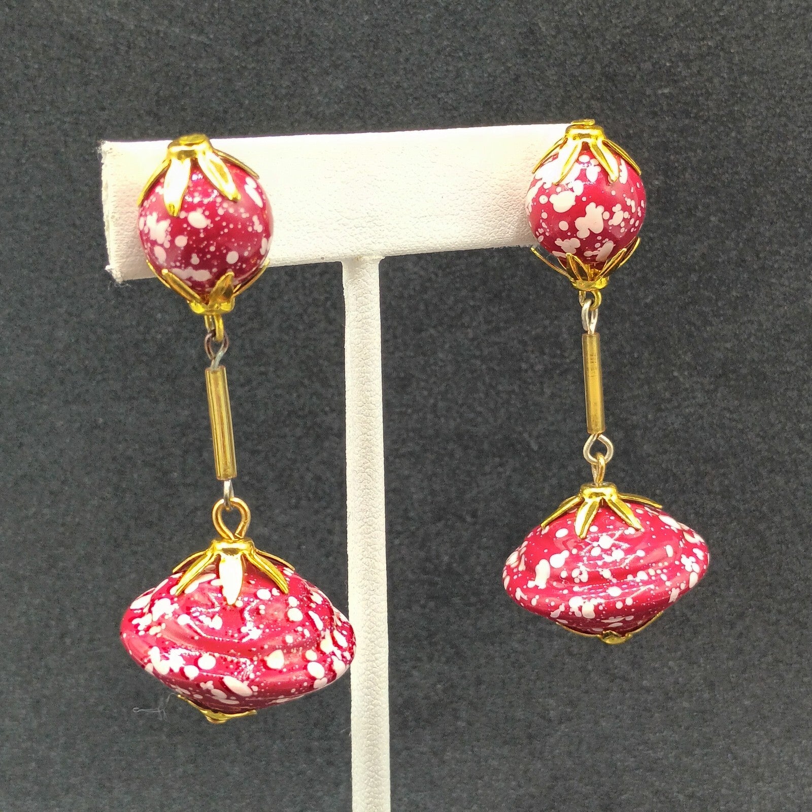 Vintage Pierced Earrings Gold tone Red White Acrylic Large Bead Dangle 2 1/2"