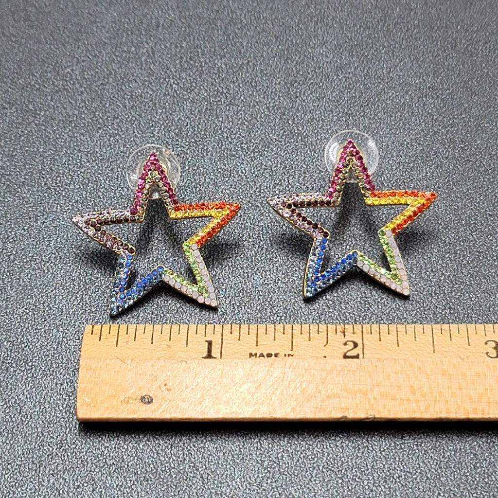 Open Star Pierced Earrings Multicolor Tiny Crystals Drop 1.25"