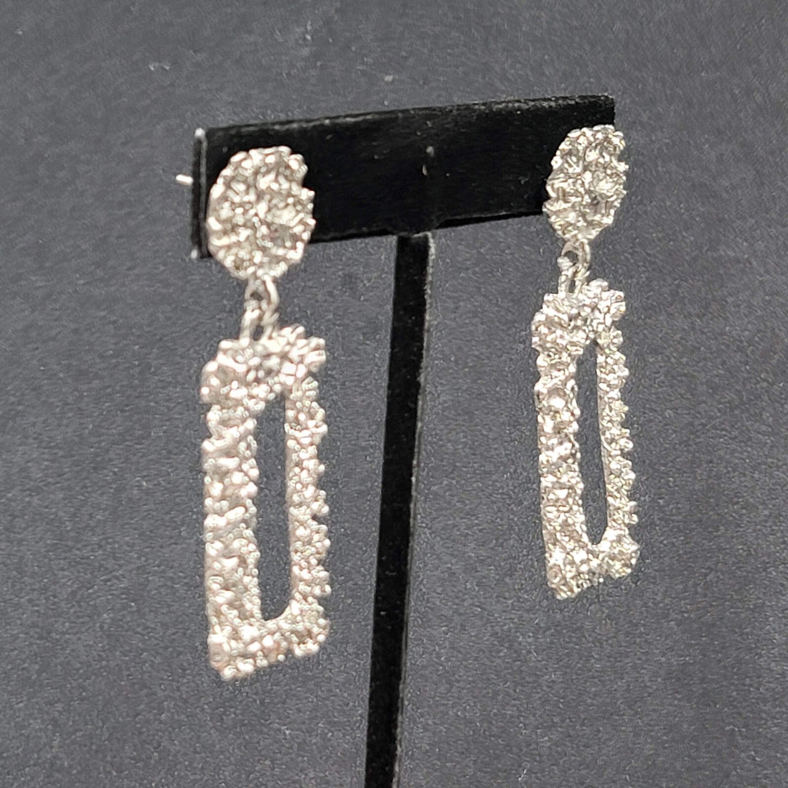 Pierced Earrings Nugget Style Silver tone Dangle 2.25"
