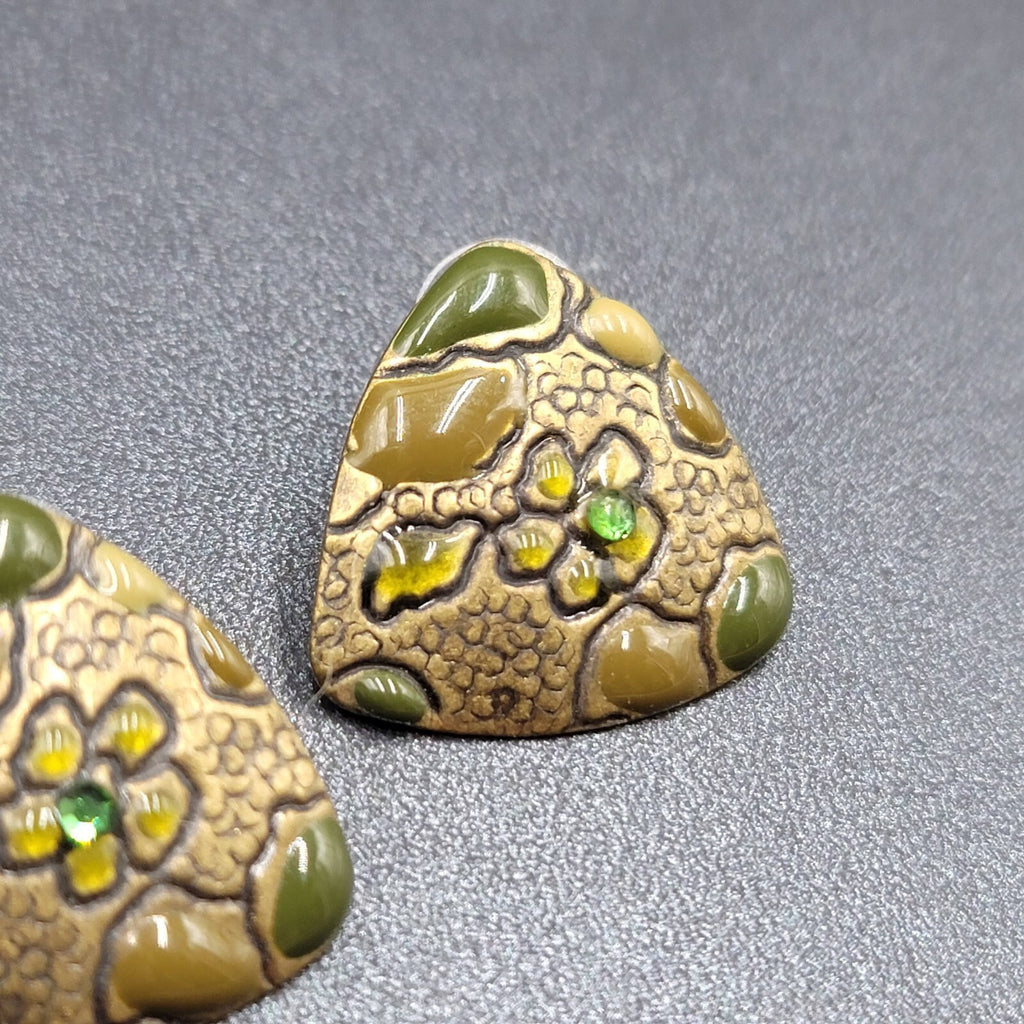 Pierced Earrings Bronze tone Green Rhinestone Enamel Triangle 1"