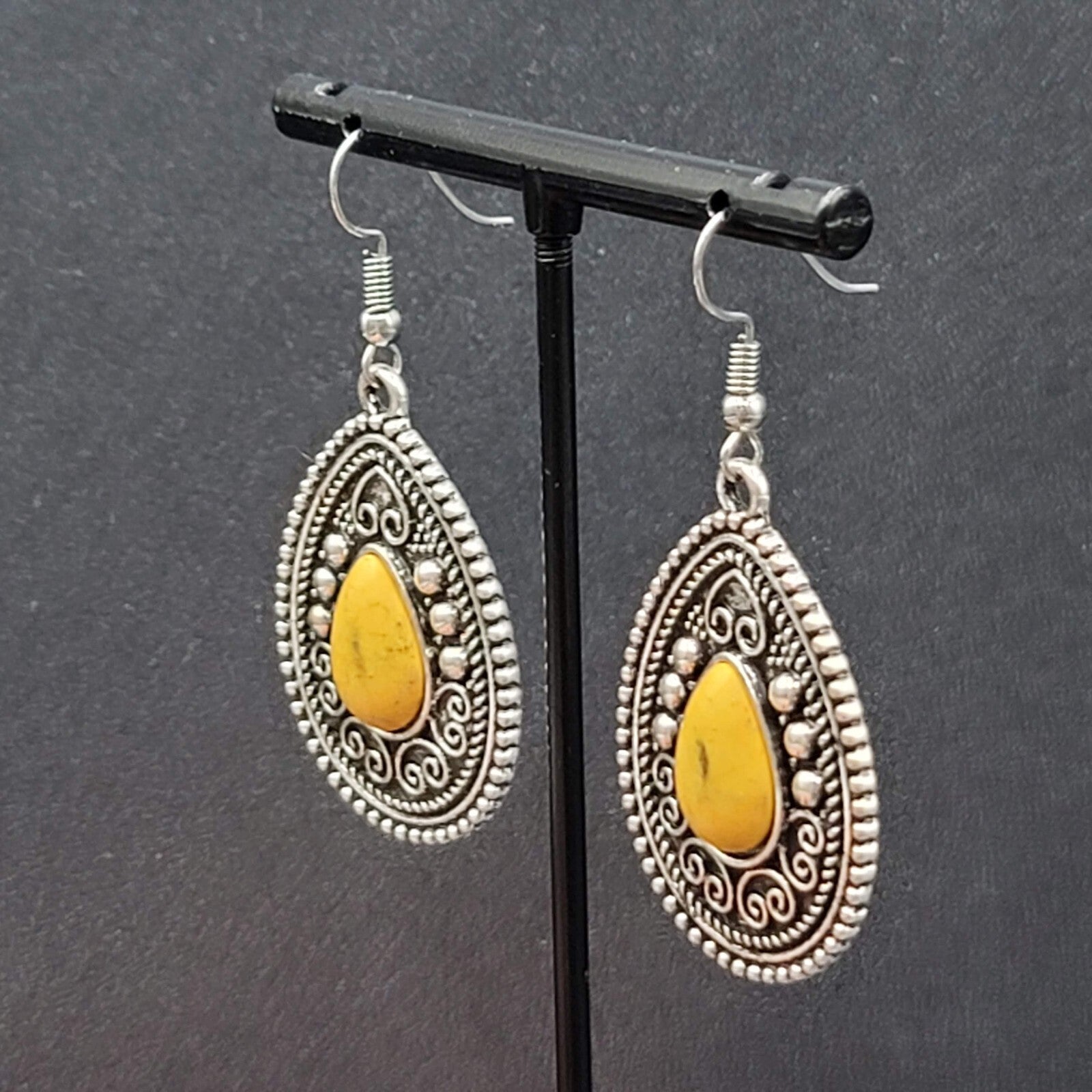 Boho Pierced Earrings Silver tone Yellow Black Center Dangle 1.5"
