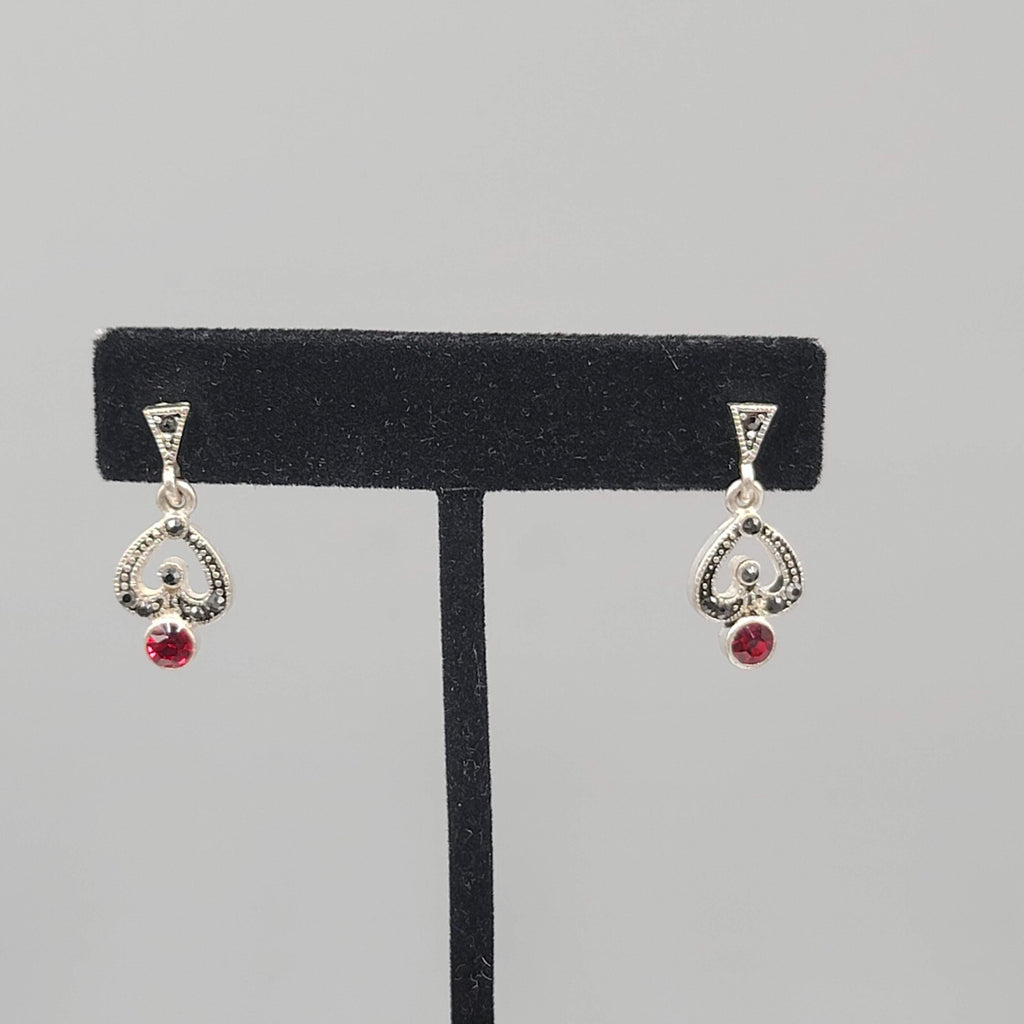 Pierced Earrings Silver tone Red and Black Rhinestone Dangle 1"
