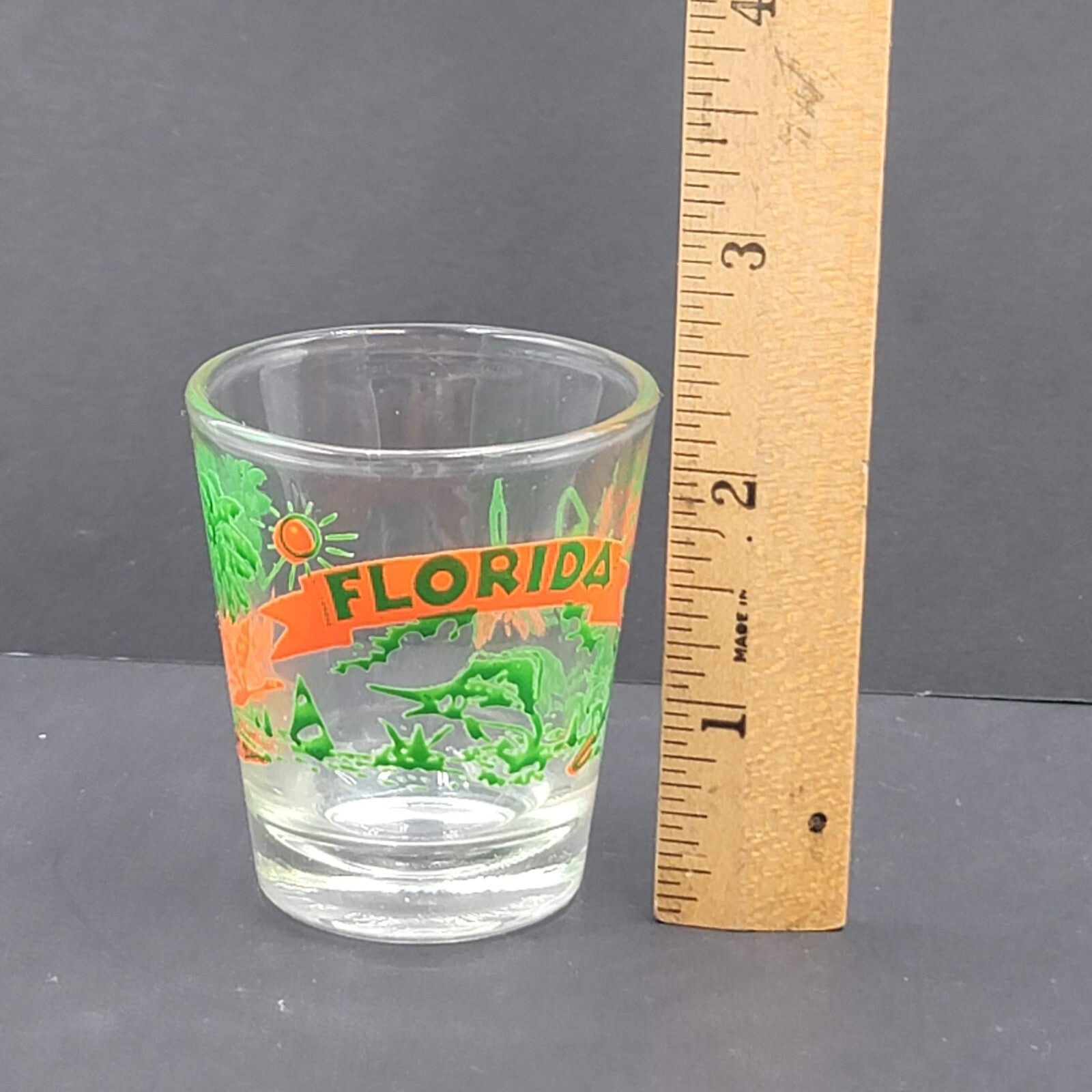 Vintage FLORIDA Shot Glass Orange Green Embossed Souvenir