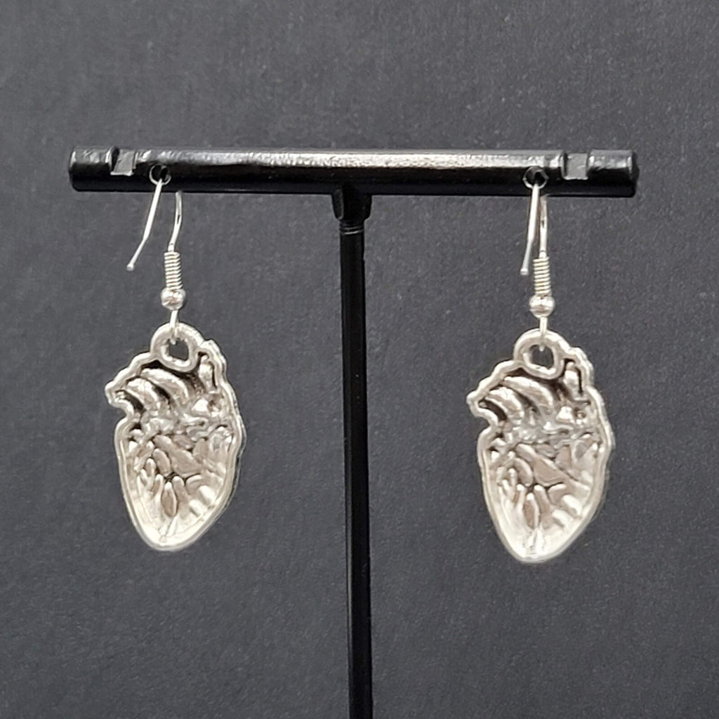 New Anatomical Heart Pierced Earrings Silver tone Red Goth Rock Dangle 1"