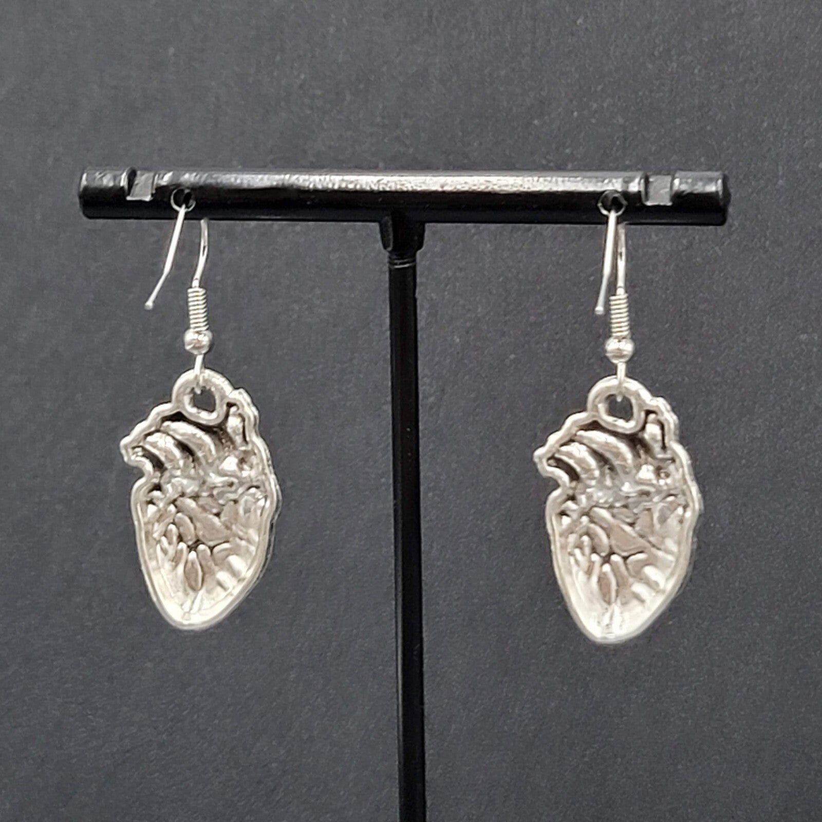 New Anatomical Heart Pierced Earrings Silver tone Red Goth Rock Dangle 1"