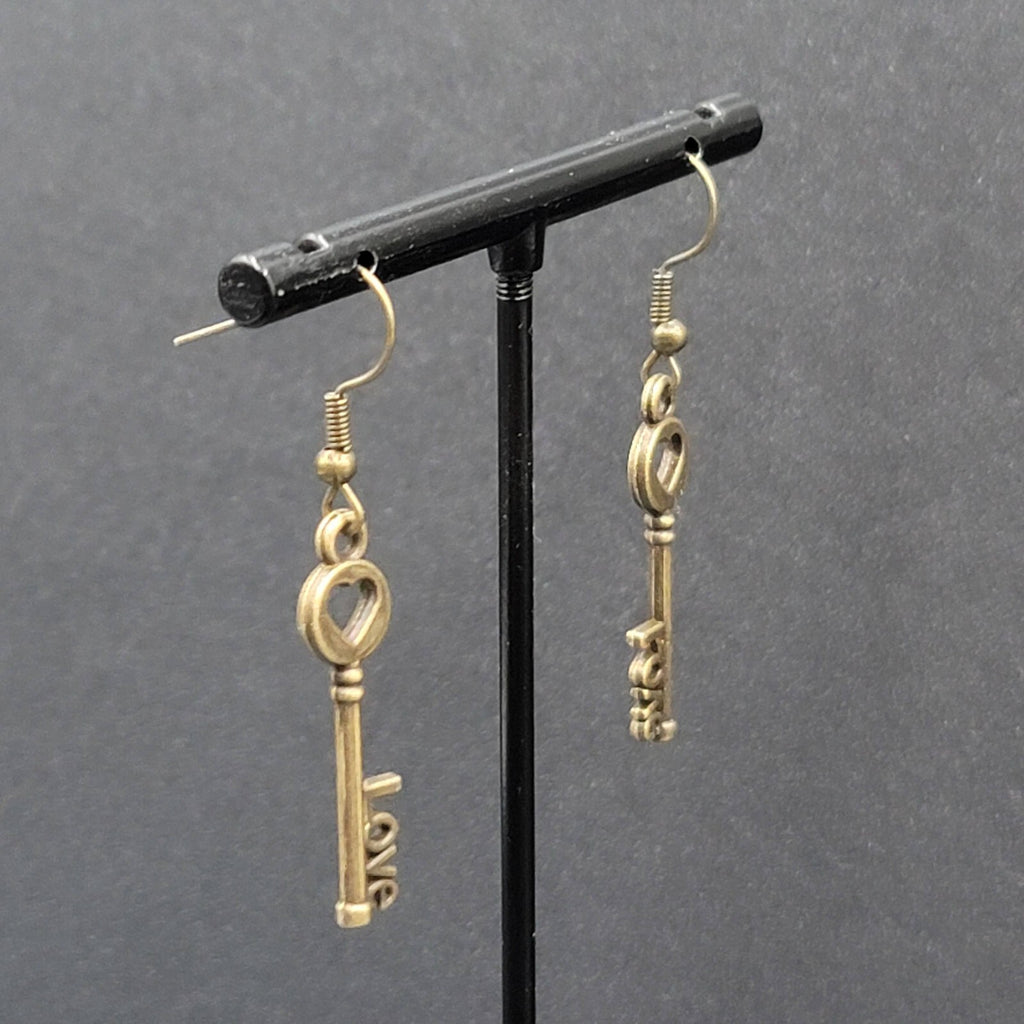 NEW Skeleton Key Pierced Earrings Bronze tone LOVE Dangle 1.25"