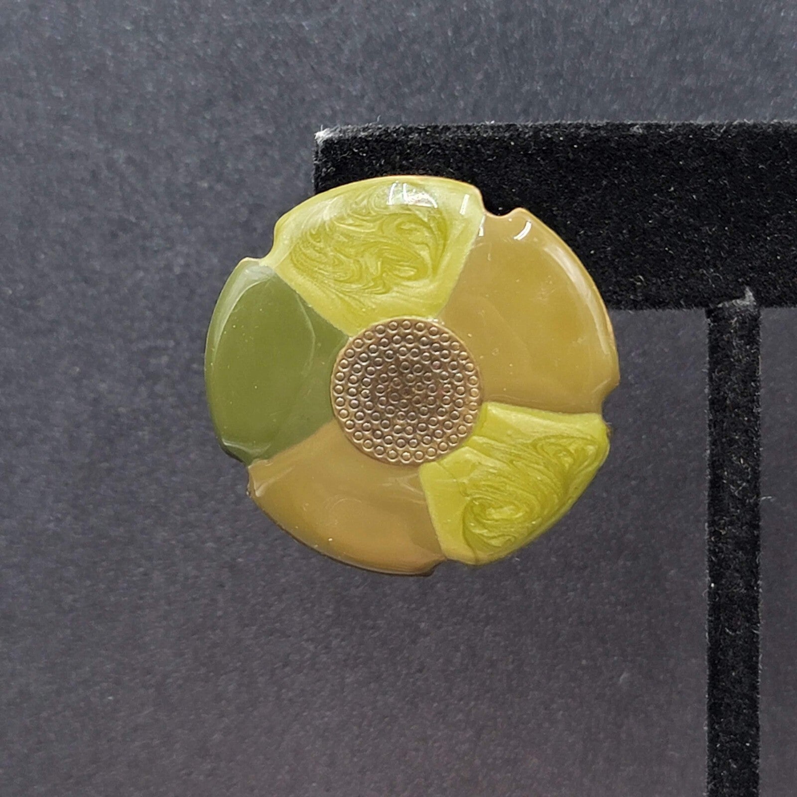 Flower Pierced Earrings Green Enamel Bronze tone Drop 1.25"
