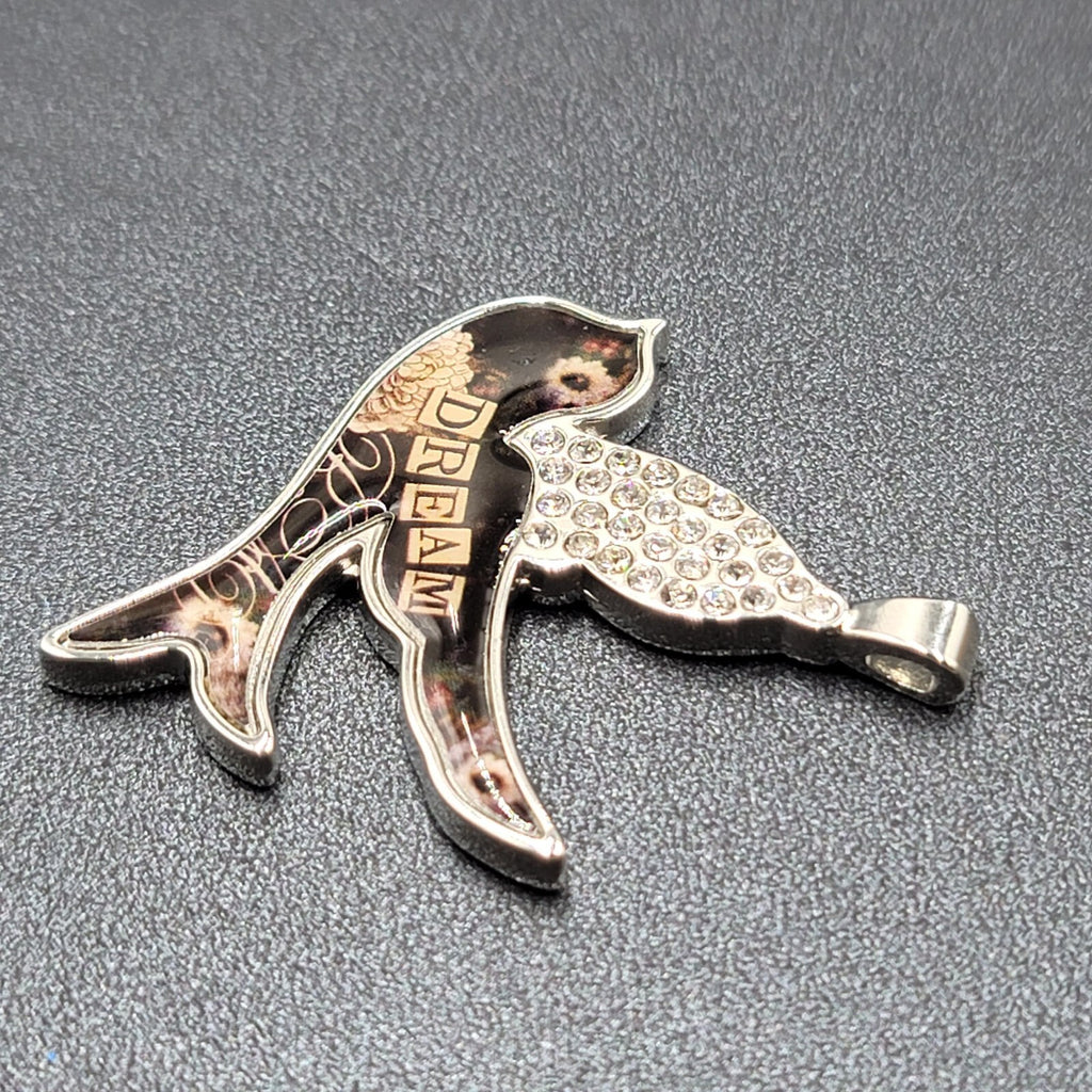 Sally Jean Alexander Pendant Only Dream Bird Collage Silver tone Rhinestone 2"
