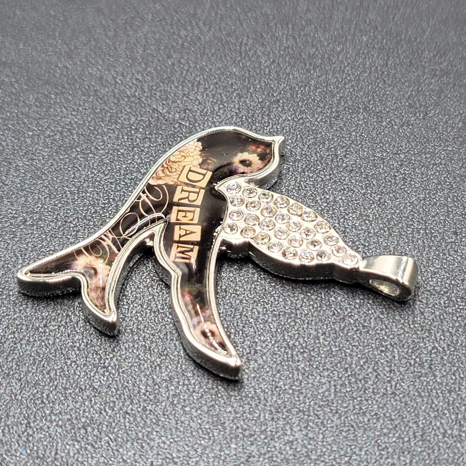 Sally Jean Alexander Pendant Only Dream Bird Collage Silver tone Rhinestone 2"