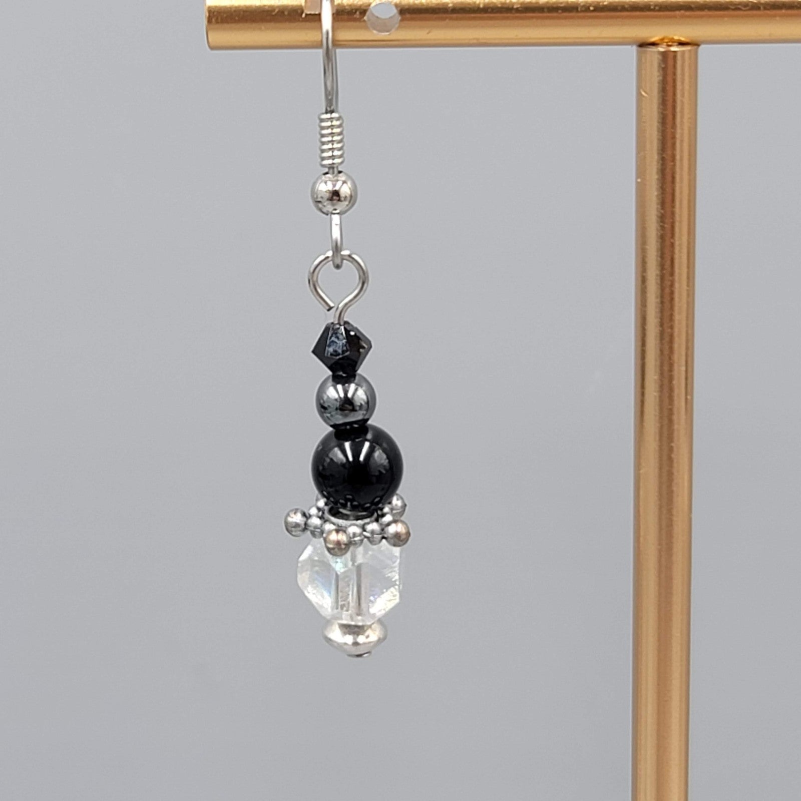 Black Glass AB Crystal Bead Pierced Earrings Silver tone Dangle   1 1/8"