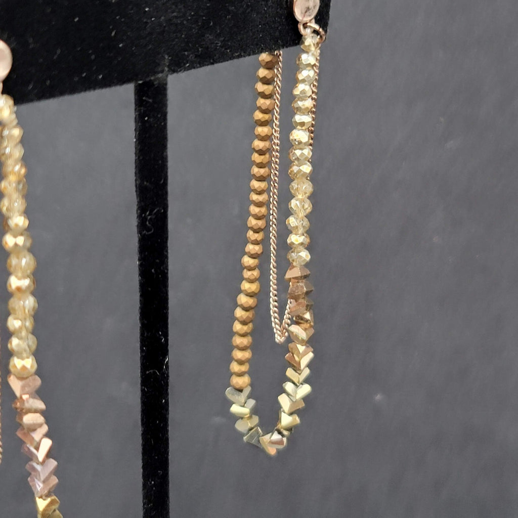 Pierced Earrings Gold tone Small Faceted Beads Dangle Loop To Back 3.25"