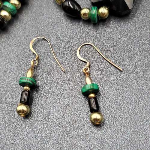 Beaded Necklace Gold tone Faux Malachite Bracelet Earrings Set Jewelry Set 52"