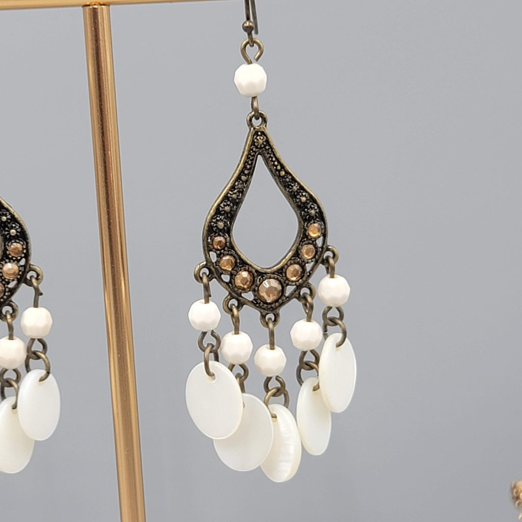 Chandelier Mother of Pearl Pierced Earrings Bronze tone Dangle 2.75 in