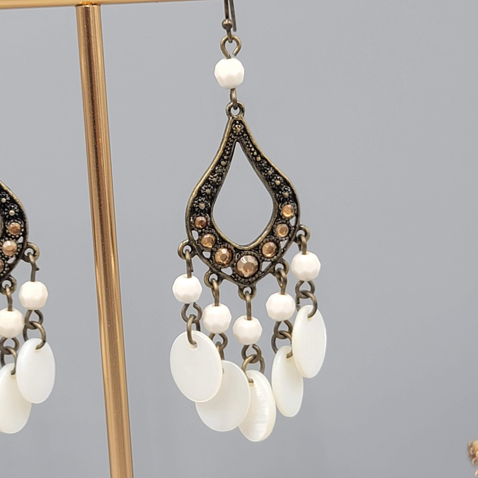 Chandelier Mother of Pearl Pierced Earrings Bronze tone Dangle 2.75 in