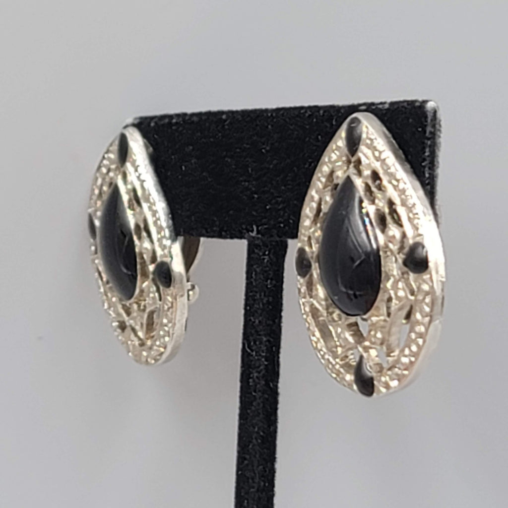 Vintage Teardrop Clip on Earrings Black Enamel Silver tone Drop 1 1/8"