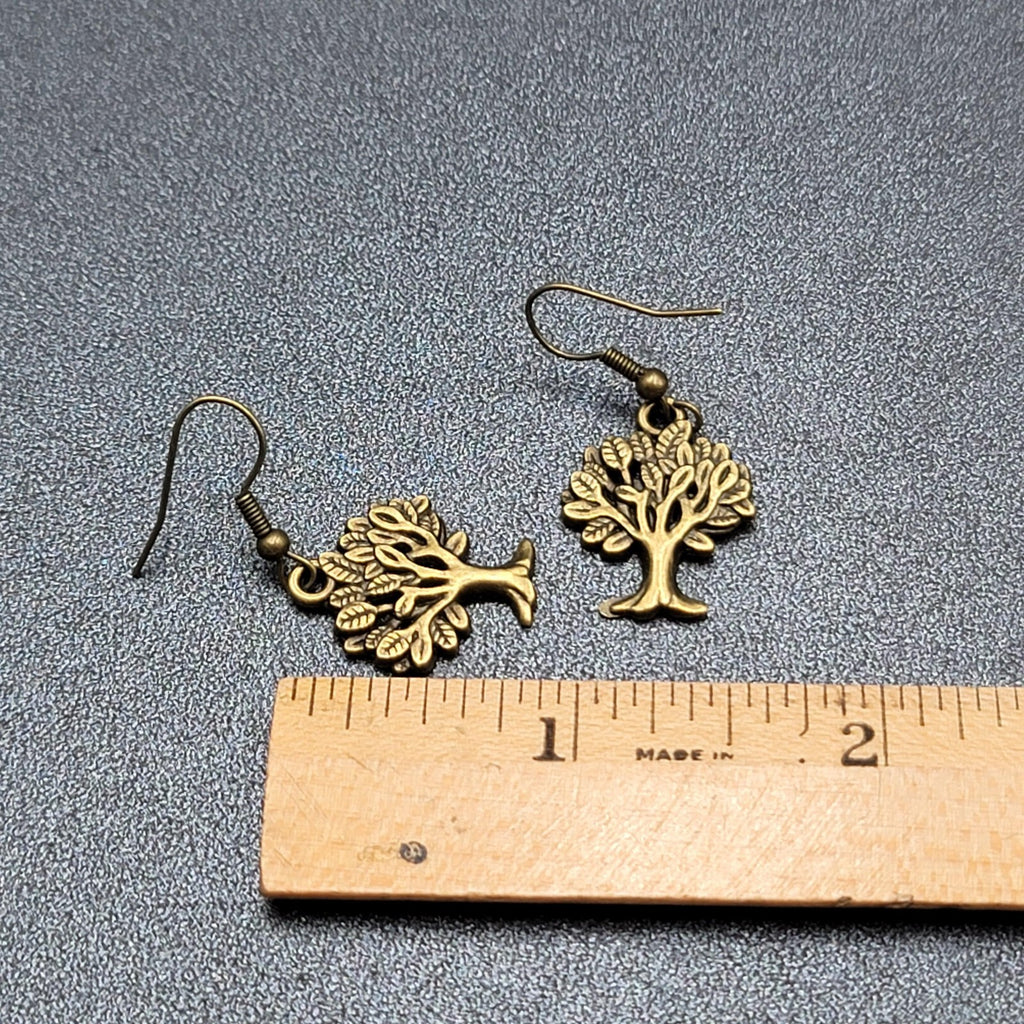 Tree Pierced Earrings Bronze tone Embossed Detail Dangle 7/8"