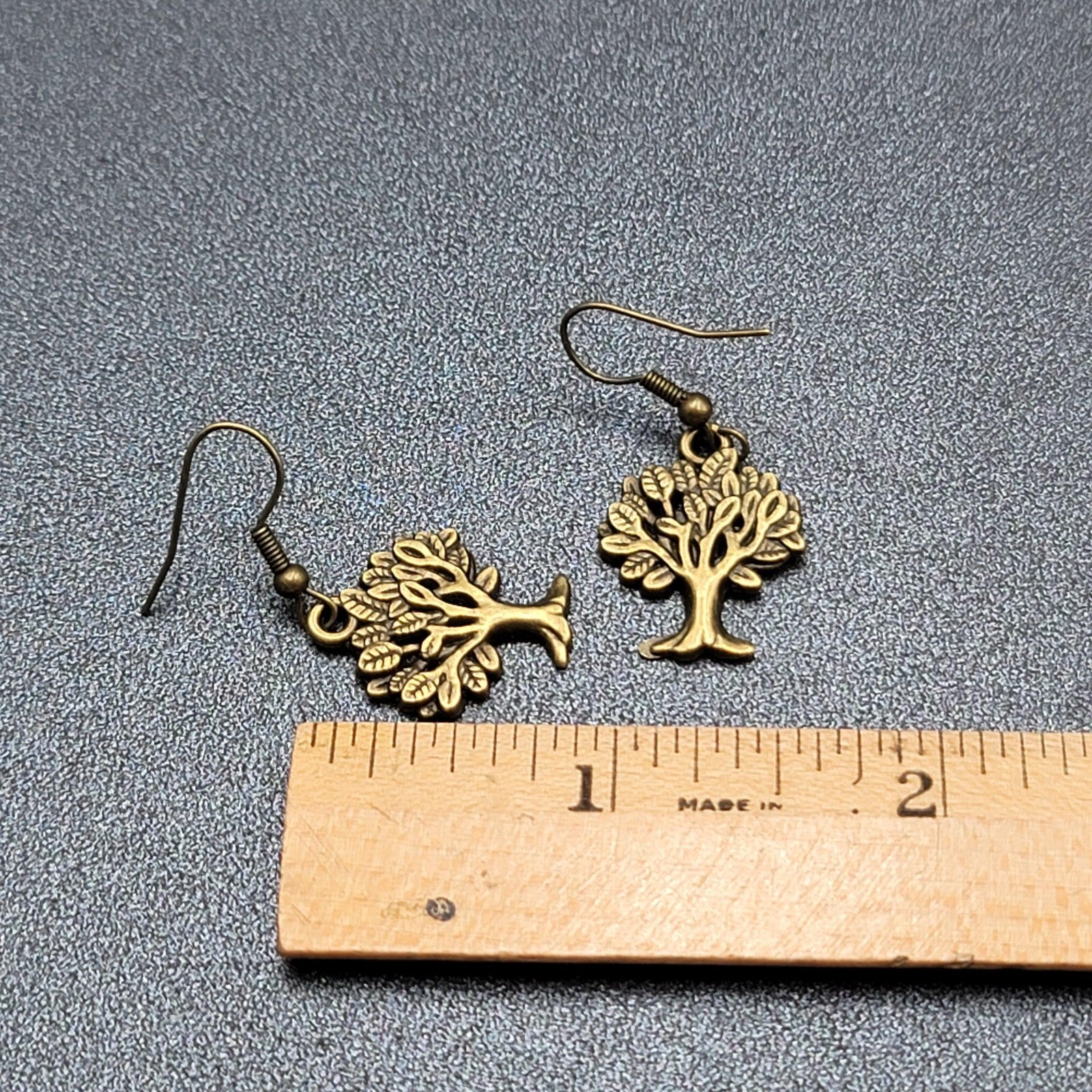 Tree Pierced Earrings Bronze tone Embossed Detail Dangle 7/8"